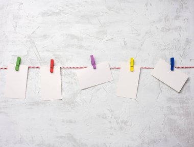 boş beyaz karton dikdörtgen kağıt parçaları çamaşır mandallarına asılı, beyaz beton duvar arka planı