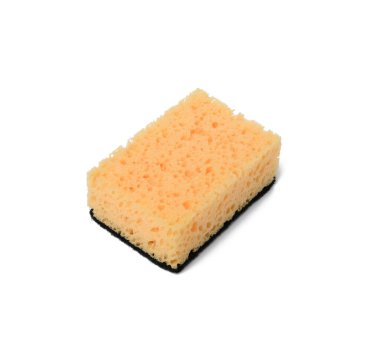 Beyaz arkaplanda izole edilmiş yeni sarı bulaşık süngeri, kapat