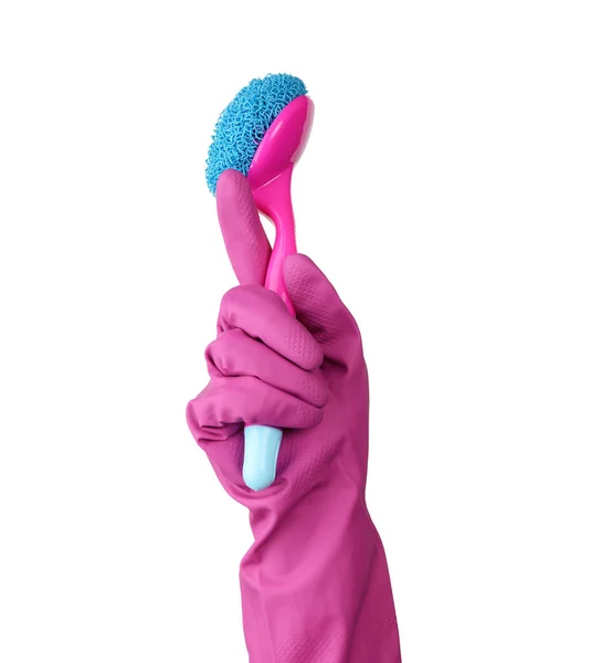 Mão Uma Luva Borracha Rosa Para Limpar Uma Casa Segura — Fotografia de Stock