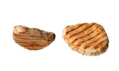 Beyaz arka planda ızgara domuz eti, iştah açıcı biftek.