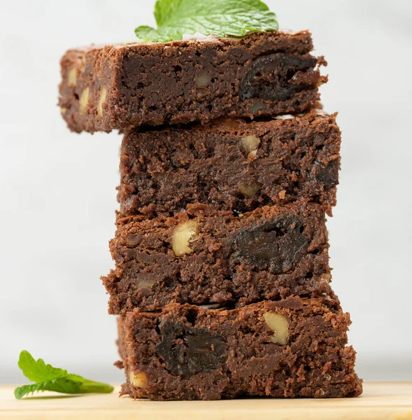 Stack Square Baked Brownie Chocolate Pie Pieces Wooden Board Delicious — Stock Photo, Image