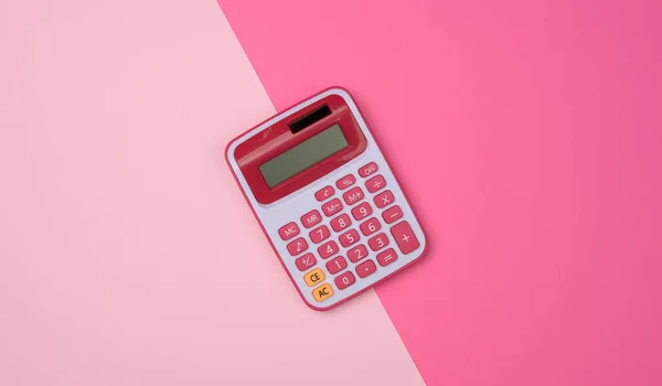 Różowy Plastikowy Kalkulator Różowym Tle Widok Góry — Zdjęcie stockowe