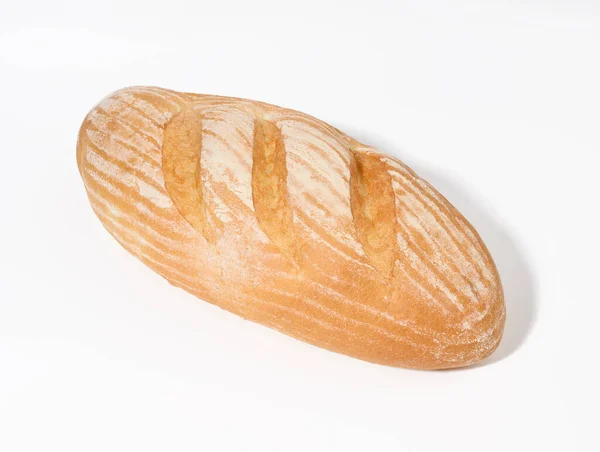 Länglich Gebackenes Brot Aus Weißem Weizenmehl Auf Weißem Teller Knuspriges — Stockfoto