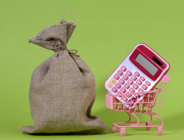 Bolsa Lona Completa Calculadora Plástico Rosa Carrito Compras Metal Miniatura —  Fotos de Stock