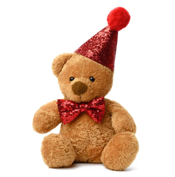 Милый Плюшевый Бурый Медведь Красной Праздничной Шляпе Галстуке Бабочке Шее — стоковое фото