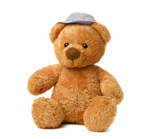Brauner Teddybär Mit Filzhut Sitzt Auf Weißem Hintergrund Niedliches Babyspielzeug — Stockfoto
