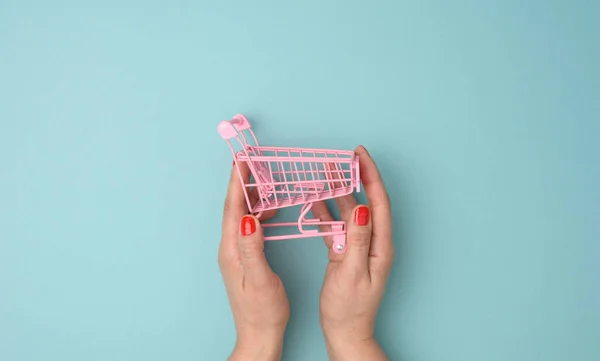 Grubby Hands Hold Empty Metal Miniature Trolley Blue Background Sale — Foto Stock