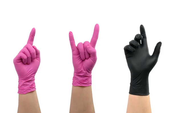 Vrouwelijke Hand Roze Zwarte Latex Handschoen Geïsoleerd Witte Achtergrond Wijsvinger — Stockfoto