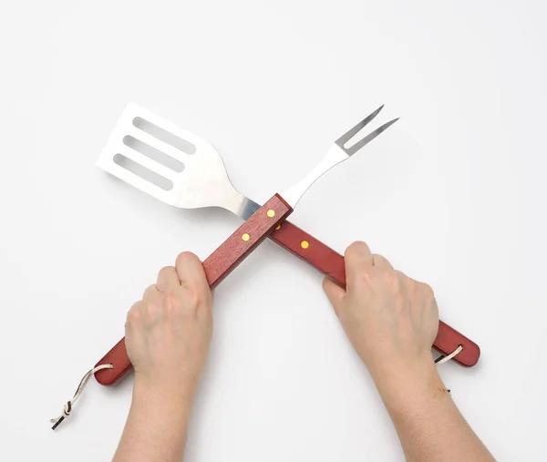 Metal Spatula Fork Wooden Handle Picnic Female Hand Painted Red — Stock Photo, Image