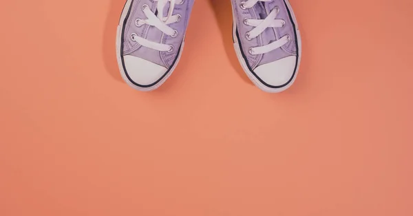 Turuncu Arka Planda Bir Çift Tekstil Spor Ayakkabısı Üst Manzara — Stok fotoğraf