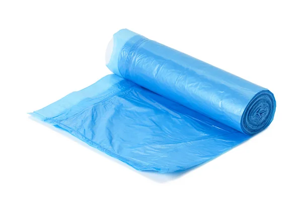 Голубые Пластиковые Пакеты Мусора Струнами Изолированными Белом Фоне Закрыть — стоковое фото