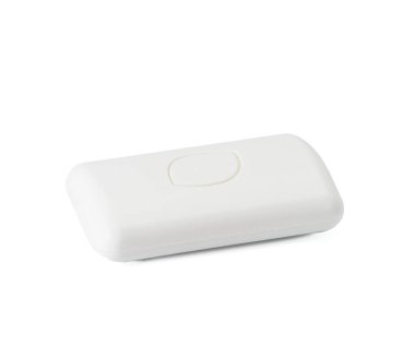 Beyaz arkaplanda izole edilmiş dikdörtgen beyaz sabun çubuğu, kapat