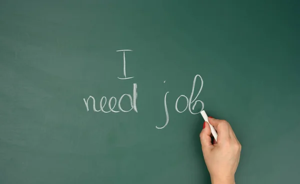 Female Hand Wrote White Chalk Need Work Green Chalk Board — Stock Photo, Image