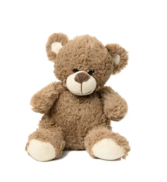 Niedlichen Braunen Teddybär Sitzt Auf Weißen Isolierten Hintergrund — Stockfoto