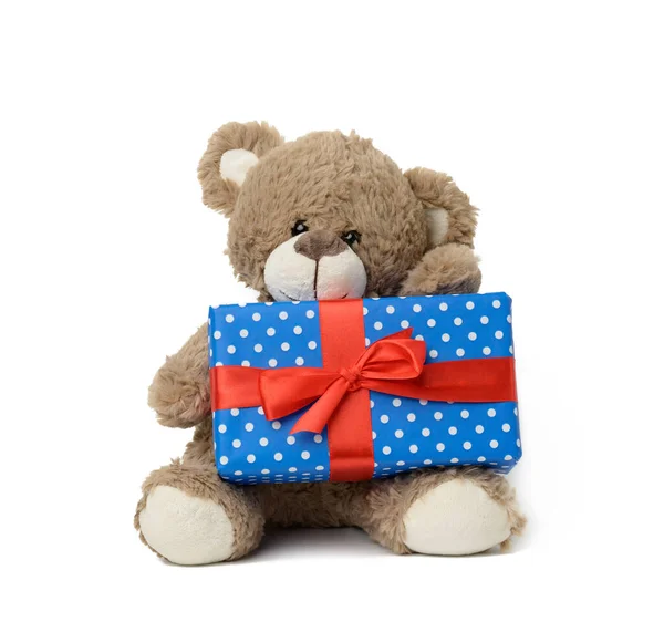Niedlichen Braunen Teddybär Hält Eine Schachtel Blaues Papier Und Rotes — Stockfoto