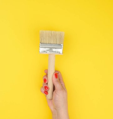 Kadın eli, sarı arka planda ahşap saplı yeni boya fırçasını tutuyor.