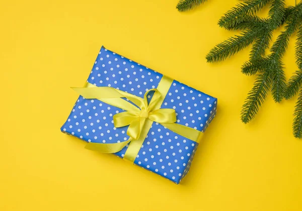 Blue Gift Box Tied Ribbon Gray Background Top View Festive — 스톡 사진