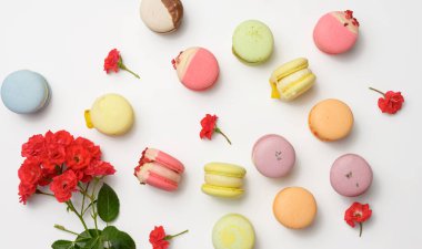 Beyaz arka planda farklı tatlara ve gül goncalarına sahip fırında makarna, üst görünüm