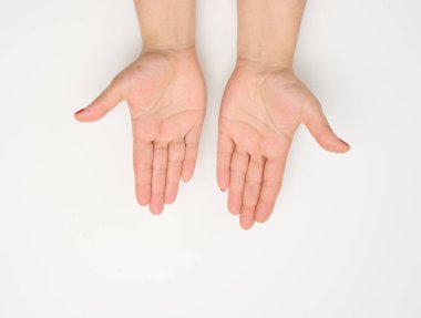 Dua eden kırmızı tırnaklı iki kadın eli beyaz arka planda, üst tarafta.