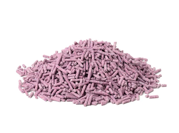 一堆压在白色背景上的紫色猫窝 带有薰衣草香味的颗粒 — 图库照片