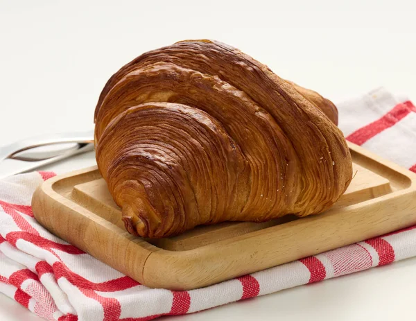 Baked Crisp Croissant Wooden Board White Table Breakfast — Stock Photo, Image