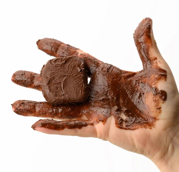 Female Hand Holding Melted Piece Dark Chocolate Hand Smeared Chocolate — Stock Photo, Image