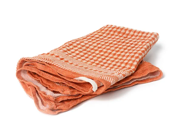 Gevouwen Oranje Linnen Handdoek Witte Achtergrond Bovenaanzicht — Stockfoto