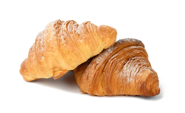 Two Baked Croissants White Isolated Background Dessert Breakfast Sprinkled Powdered — Stock Photo, Image