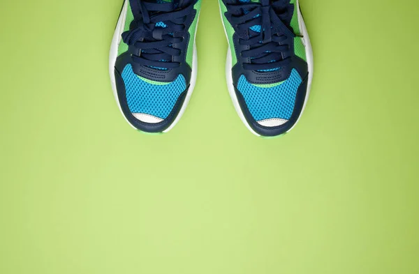 Pair Blue Textile Sneakers Green Background Top View Shoes Sports — Stock Photo, Image