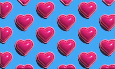 Mavi arka planda sınırları yükseltilmiş pembe üç boyutlu kalpler. Kavramsal olarak aşk, romantizm ve kutlama temalı. Resmin 3B görüntülemesi.