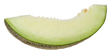 A slice of fresh green melon on an isolated background. Close-up, juicy and summery fruit.