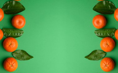 Parlak yeşil arkaplanda yeşil yapraklı olgun mandalinalar, üst görünüm, boşluğu kopyala