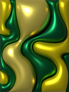 Parlak pürüzsüz yüzeyi olan sarı ve yeşil çeşitli şekiller, üç boyutlu resimleme