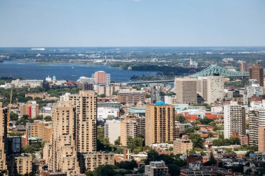 Montreal, Kanada - 15 Ağustos 2025: Kondiaronk Belvedere 'den görülen ofis kuleleri ve konut binaları ile şehir silueti