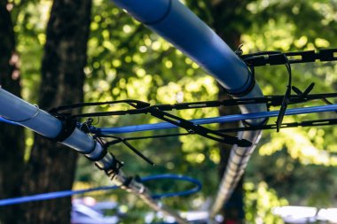 Kanada 'nın Quebec kentindeki modern akçaağaç özsuyu toplama sisteminin ayrıntılı bir görüntüsü, akçaağaç şurubu üretiminde kullanılan özsuyu çıkarmak için ormandaki akçaağaç ağaçlarına bağlı mavi plastik boruları gösteriyor.