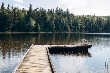 Quebec 'teki La Mauricie Ulusal Parkı' ndaki sakin bir gölün üzerine uzanan metal merdivenli ahşap bir rıhtım.