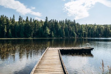 Quebec 'teki La Mauricie Ulusal Parkı' ndaki sakin bir gölün üzerine uzanan metal merdivenli ahşap bir rıhtım.