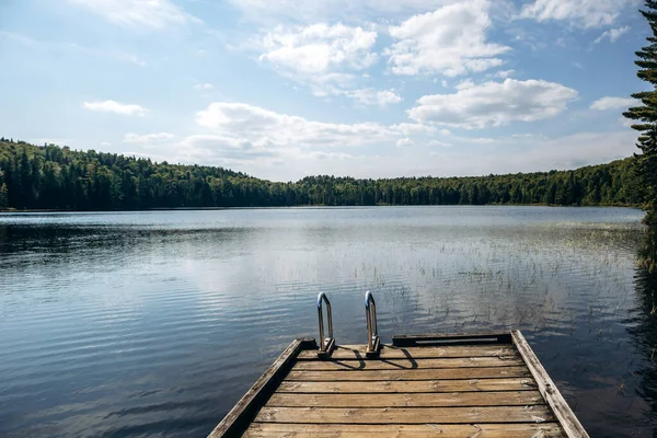 Quebec 'teki La Mauricie Ulusal Parkı' ndaki sakin bir gölün üzerine uzanan metal merdivenli ahşap bir rıhtım.