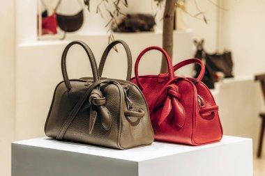 Nice, Fransa 14 Kasım 2025 'te Nice' deki bir butik vitrininde sergilenen iki Jacquemus deri çanta.