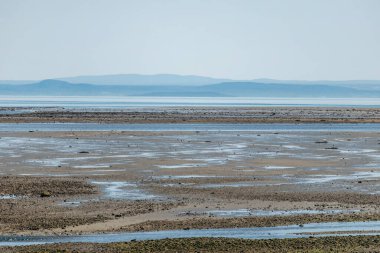 Gelgit düzlükleriyle alçak deniz manzarası sığ su havuzları ve Quebec, La Malbaie 'deki Saint Lawrence Nehri boyunca uzanan uzak kıyı şeridi.