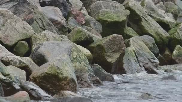 Havet vågor tvätta upp på en svart Basalt kolumn stenar — Stockvideo