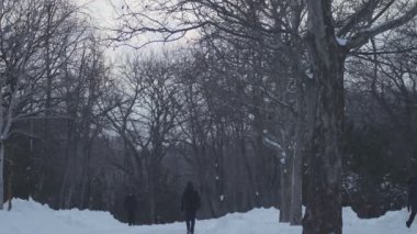 Soğuk kış günü karlı yolda yürürken insanlar
