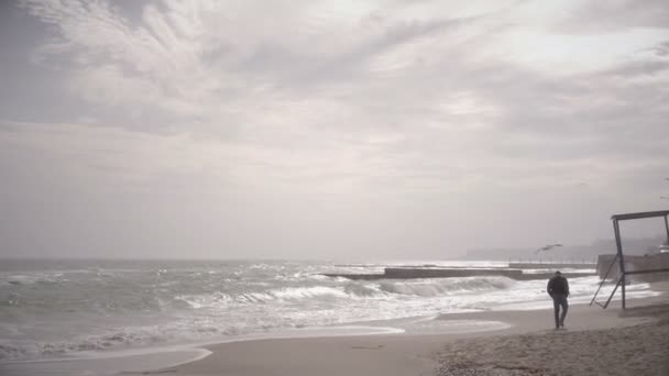 オデッサ、ウクライナで日没近くの美しい砂浜歩くだけで男 — ストック動画
