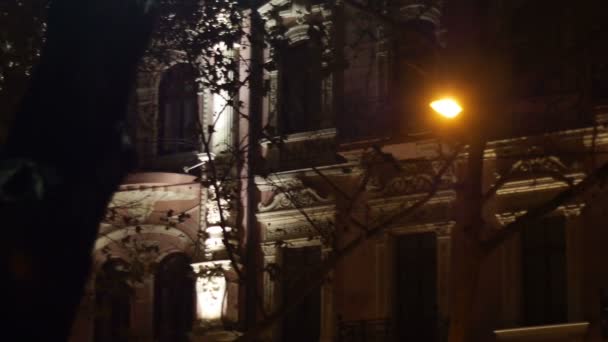 Casa velha nas árvores iluminada com lapm de rua à noite — Vídeo de Stock