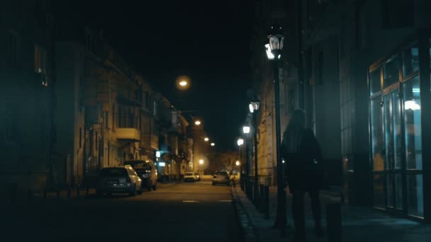 Silhouette de fille qui marche seule dans Darkness Street — Video