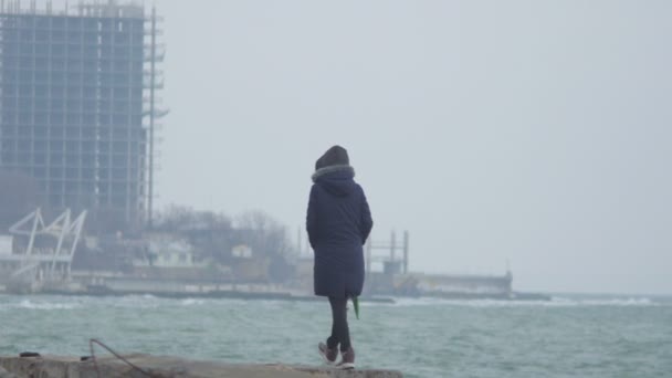 후드 비치 해변에 접근 하는 폭풍 동안 바다에서 걷는 여자 — 비디오