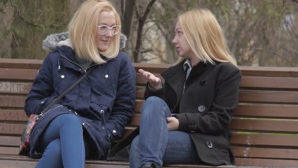 Two girls sitting on the bench in city park and speaking — Stock Video