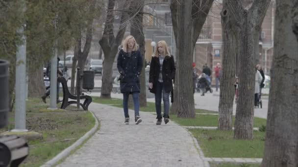 Två flickor gå igenom stadsparken och tala i kallkälla — Stockvideo