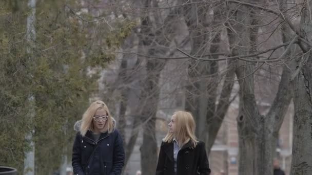 Две девушки ходят по городскому парку и говорят холодной весной — стоковое видео
