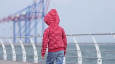 Kırmızı sweter kırmızı başlıklı kız gibi sahilde yürüyen genç sarışın kız